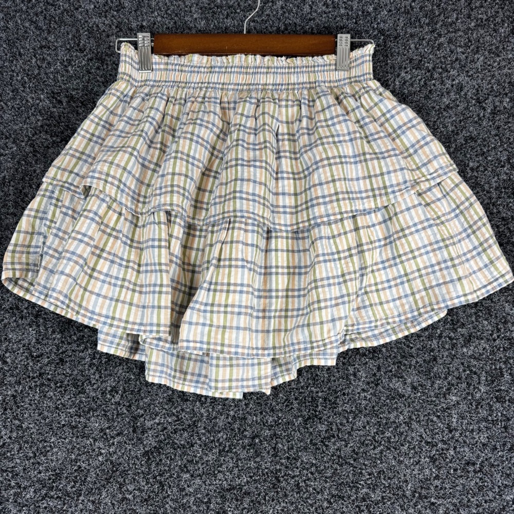 Aerie Plaid Tiered Mini Skirt Smocked Waist Blue Green Tan Small